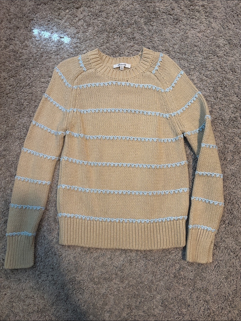 Madewell Creamy Tan Crewneck Sweater with Light Blue Trim